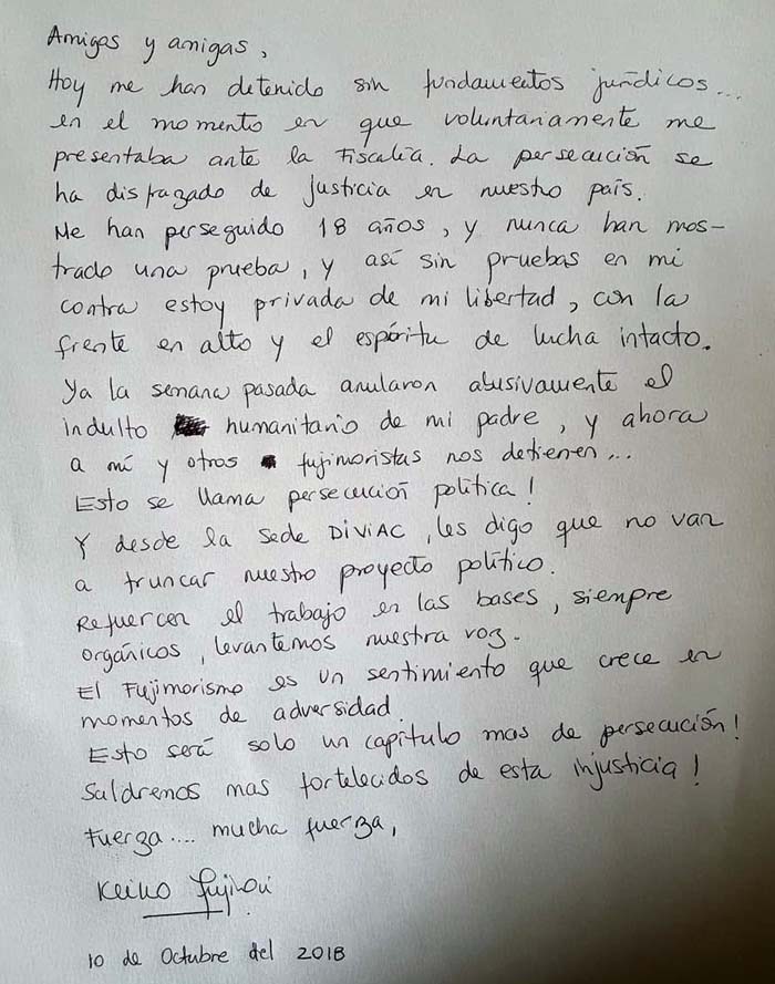 Carta de Keiko Fujimori