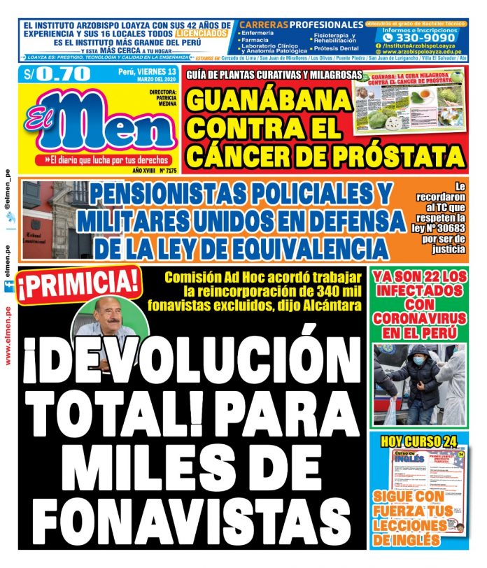 Portada impresa – Diario El Men (13/03/2020)