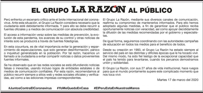 Grupo La Razón se pronuncia sobre el coronavirus