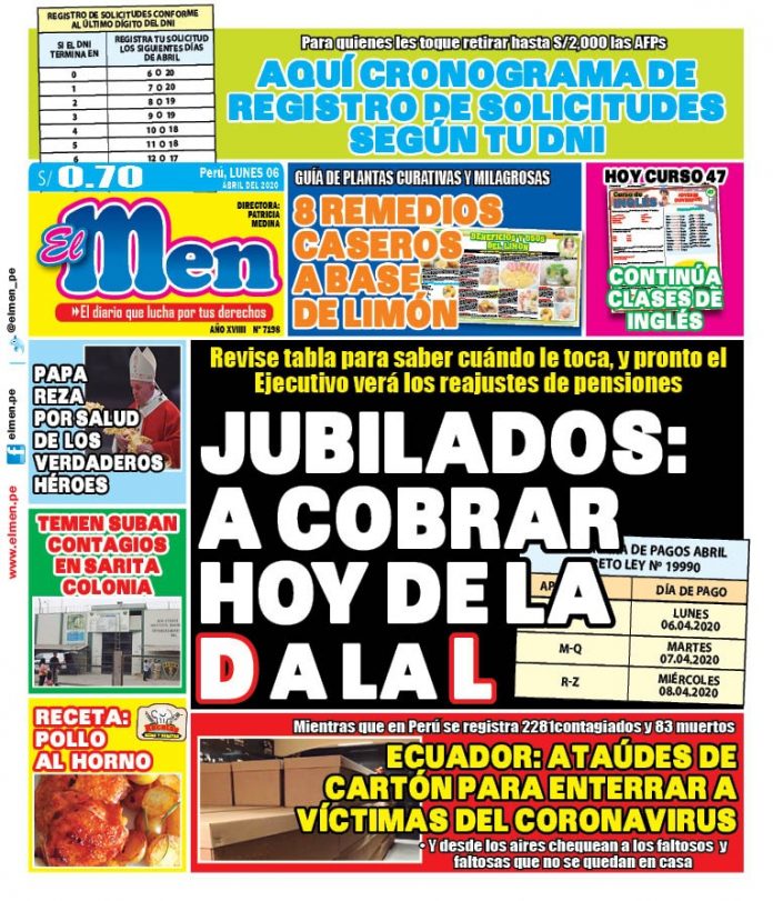 Portada impresa – Diario El Men (06/04/2020)