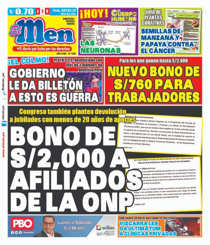 Portada impresa – Diario El Men (25/06/2020)
