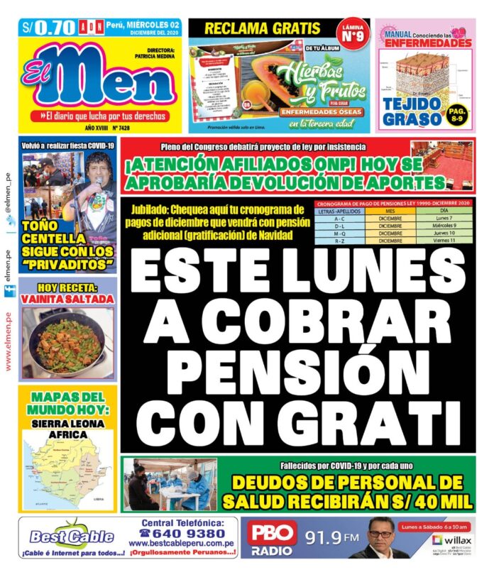 Portada impresa – Diario El Men (2/12/2020)