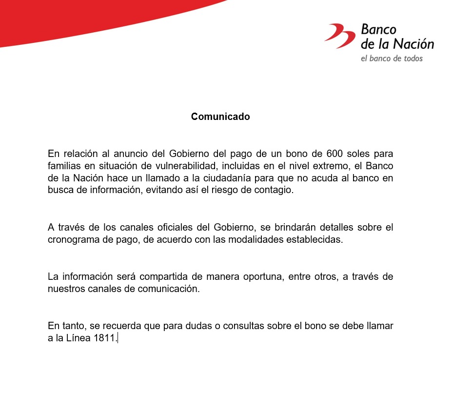 Comunicado Banco de la Nación 
