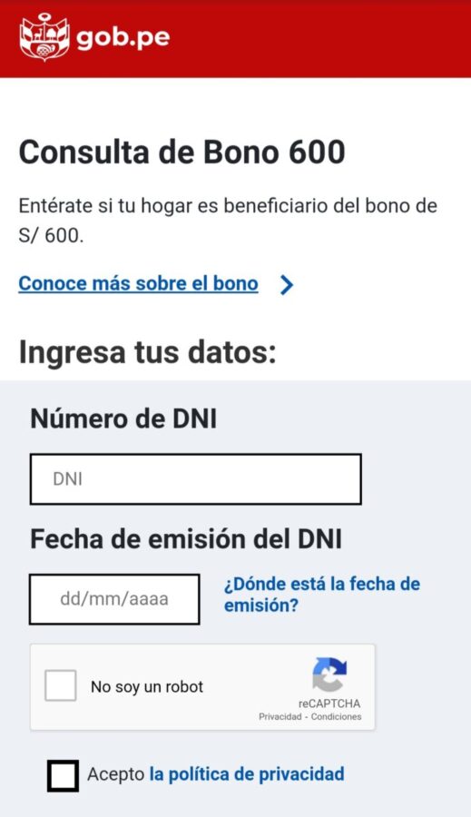 Consulta bono de S/600