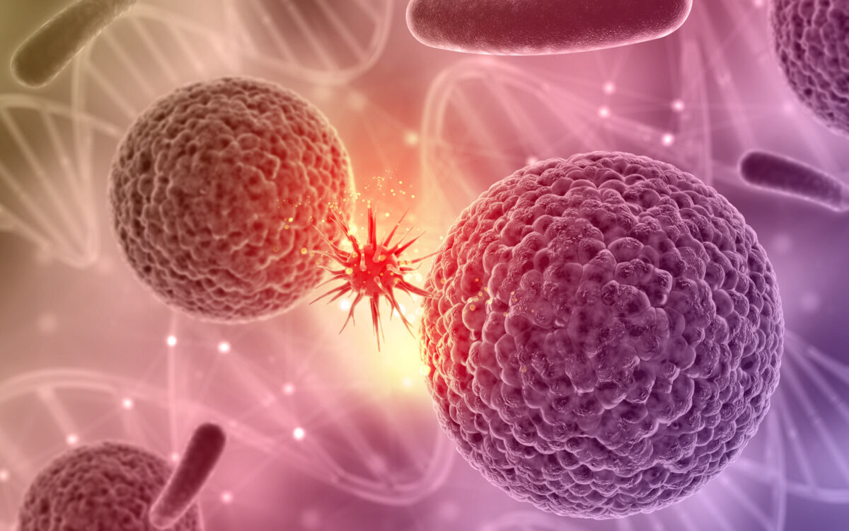 Render 3D de un historial médico con una célula de virus atacando a otra