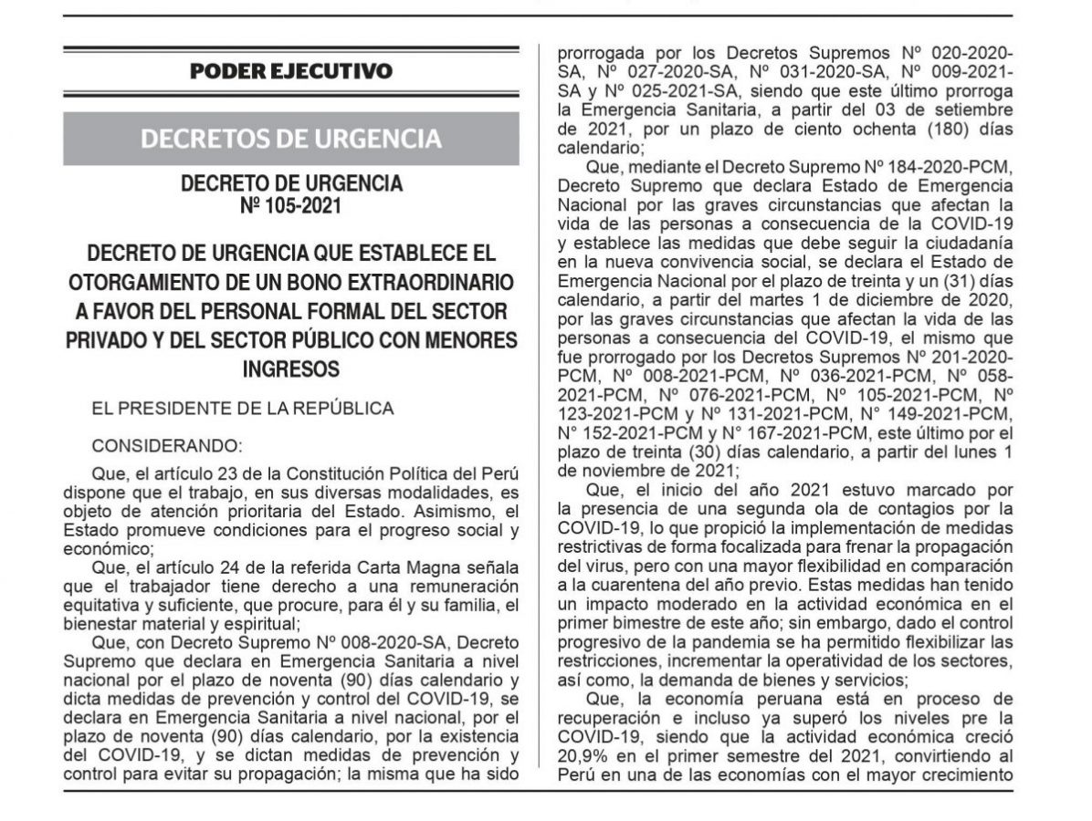 Decreto de Urgencia N° 105-2021