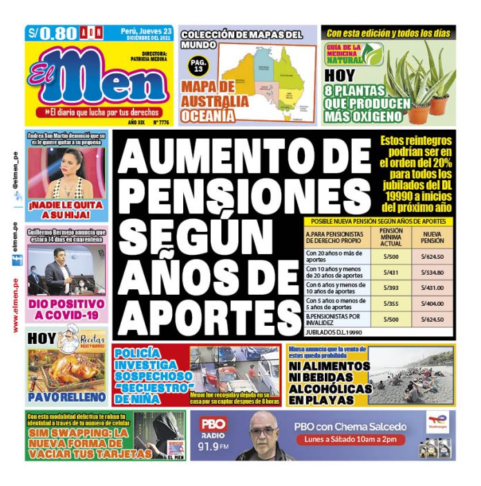 Portada impresa – Diario El Men (23/12/2020)