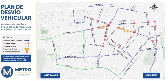 Desvío en Av. Venezuela por la Línea 2 del Metro de Lima y Callao