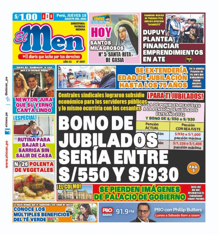 Portada impresa – Diario El Men 18-08-2022 Portada impresa – Diario El Men (18/08/2022)