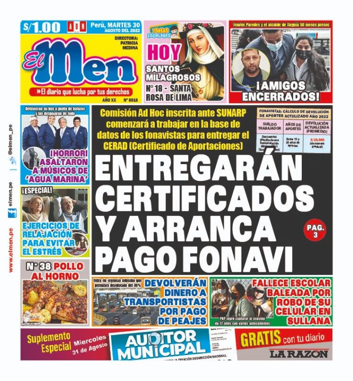 Portada impresa – Diario El Men (30/08/2022)