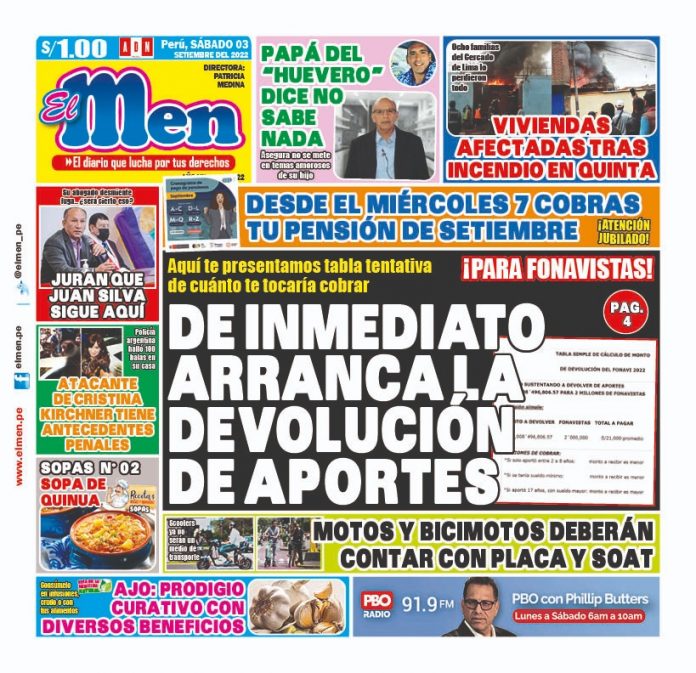 Portada impresa – Diario El Men (03/09/2022)