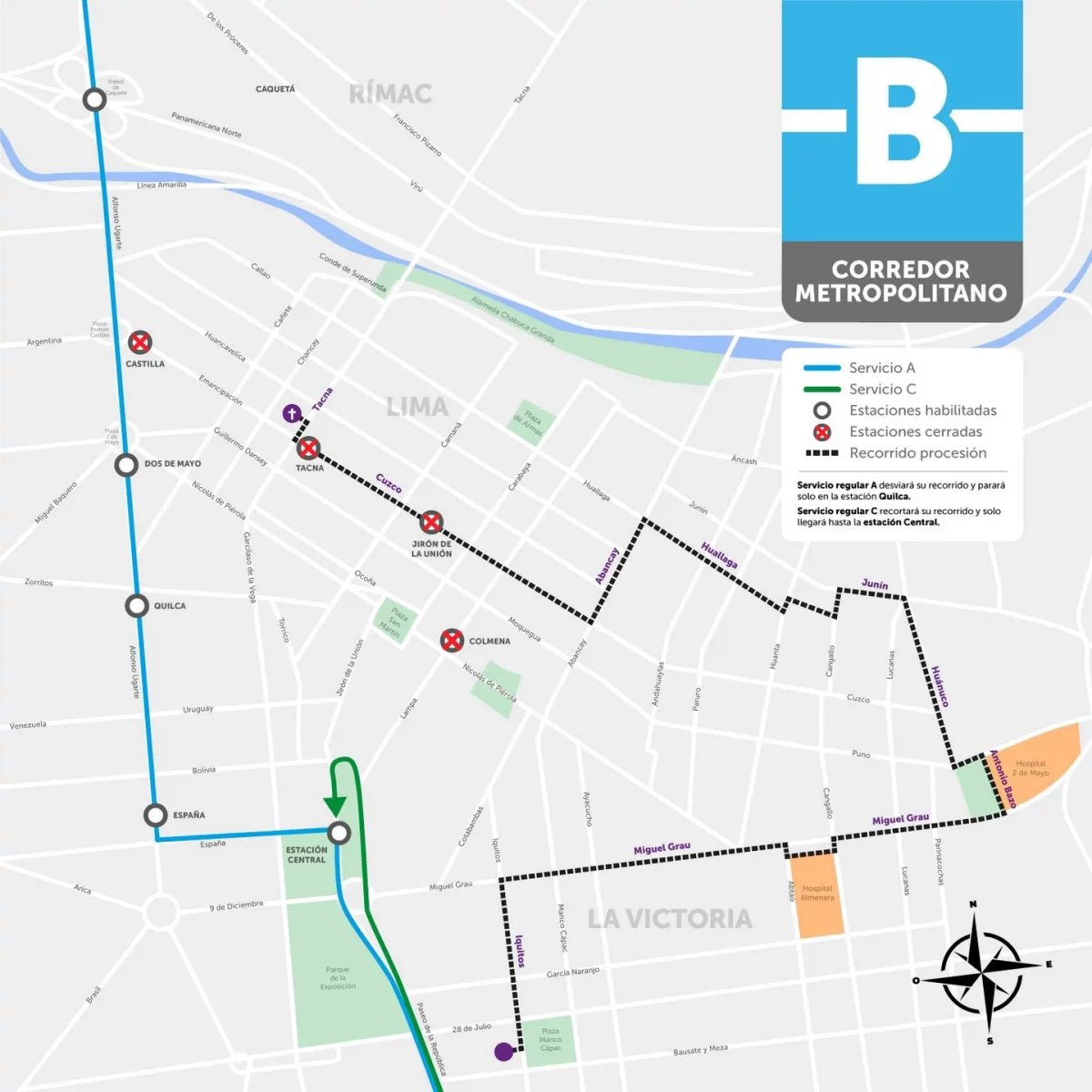 Rutas y desvíos del corredor del Metropolitano