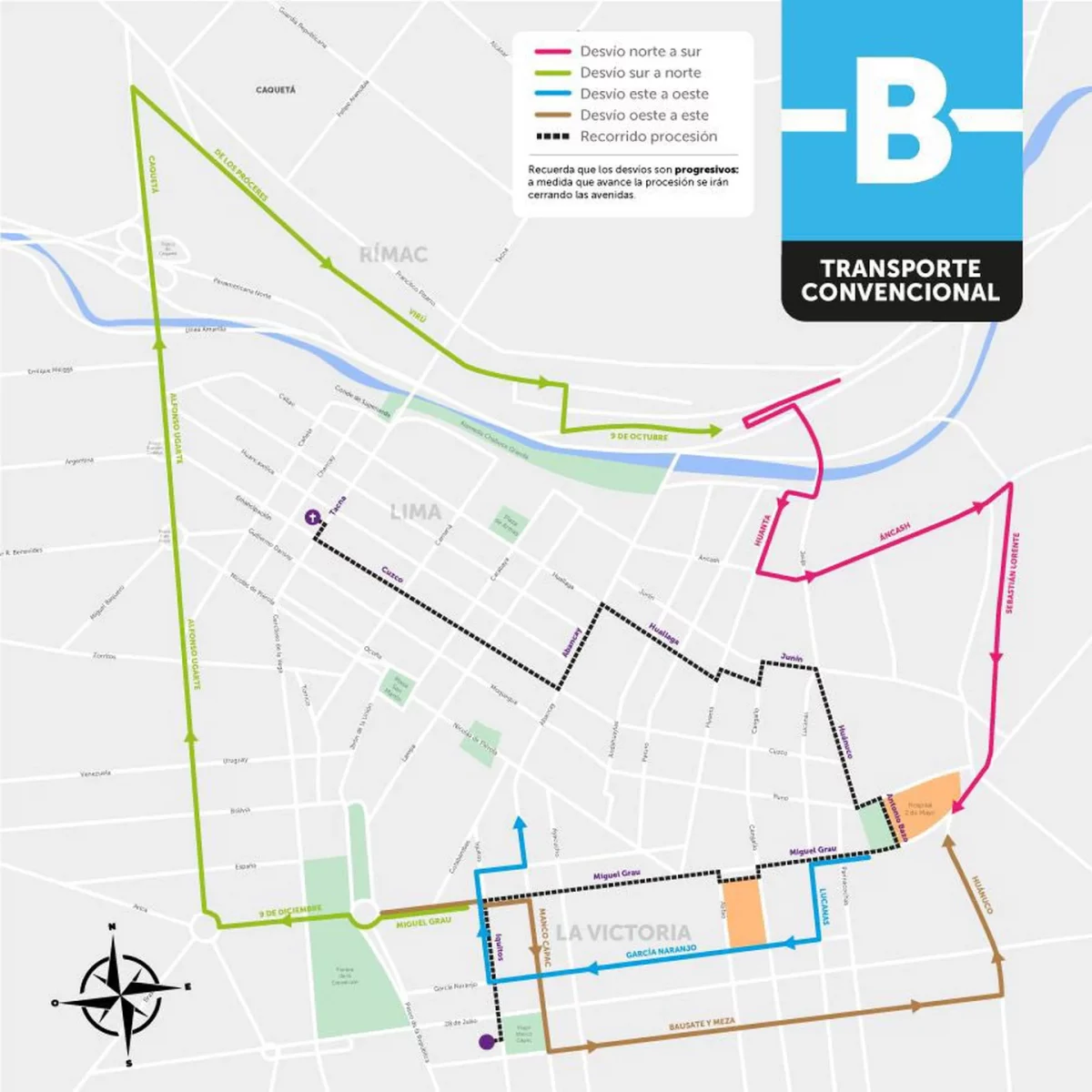 Rutas y desvíos del transporte convencional