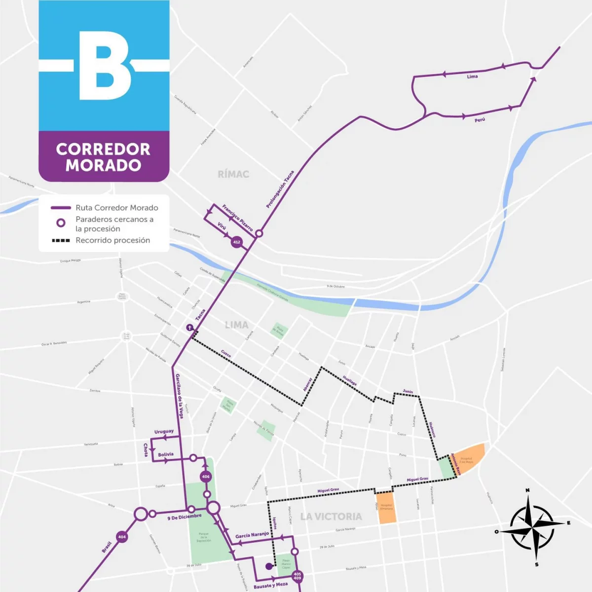 Rutas y desvíos del corredor morado
