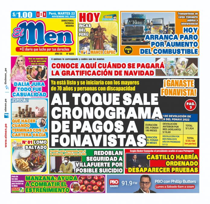 Portada impresa – Diario El Men 22-11-2022