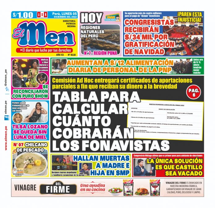 Portada impresa – Diario El Men 05-12-2022