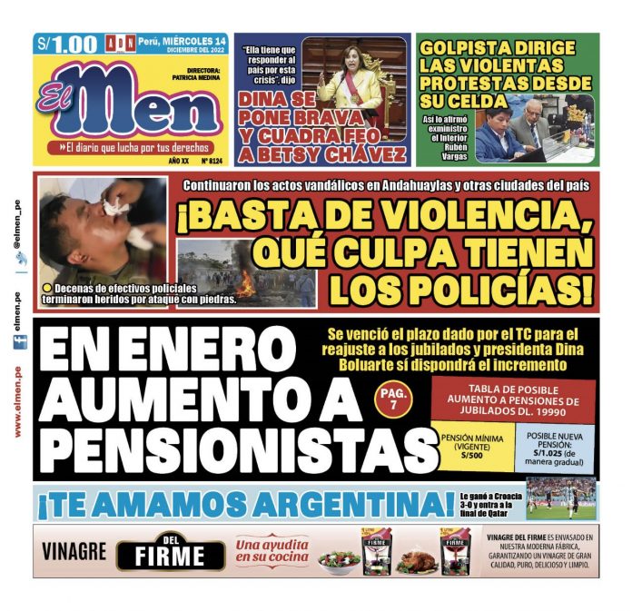 Portada impresa – Diario El Men 14-12-2022