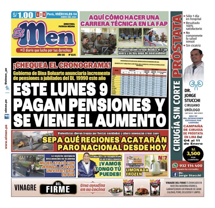 Portada impresa – Diario El Men 04-01-2023 Portada impresa – Diario El Men 04-01-2023