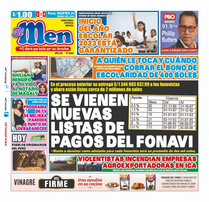 Portada impresa – Diario El Men 24-01-2023