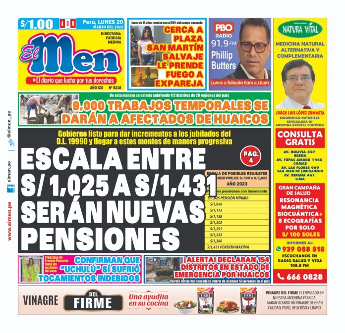 Portada impresa – Diario El Men 20-03-2023