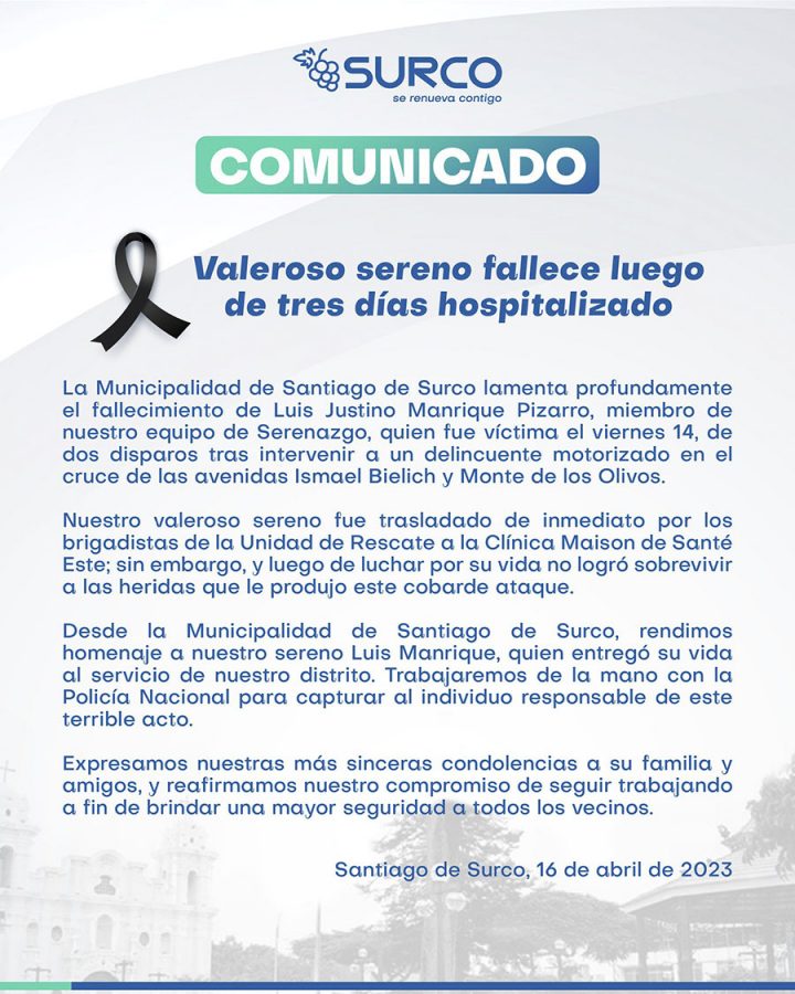 Muere sereno de Surco atacado a balazos por delincuente