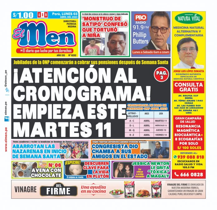 Portada impresa – Diario El Men 03-04-2023