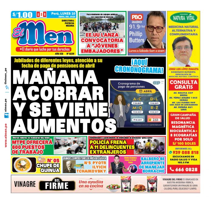 Portada impresa – Diario El Men 10-04-2023