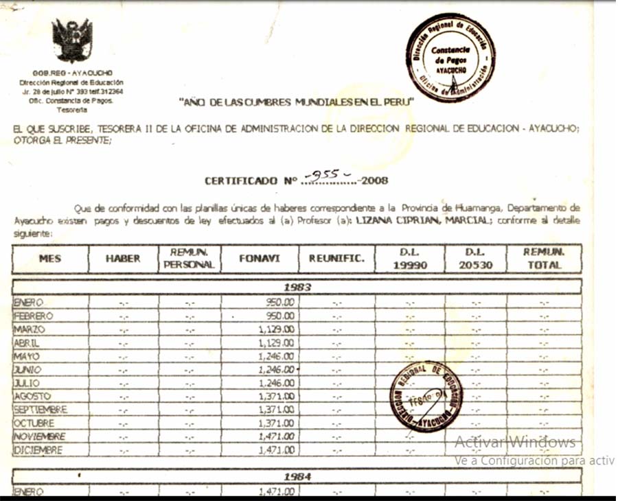 Certificado de Lizana Ciprian Marcial, descuentos Fonavi 1983-1984