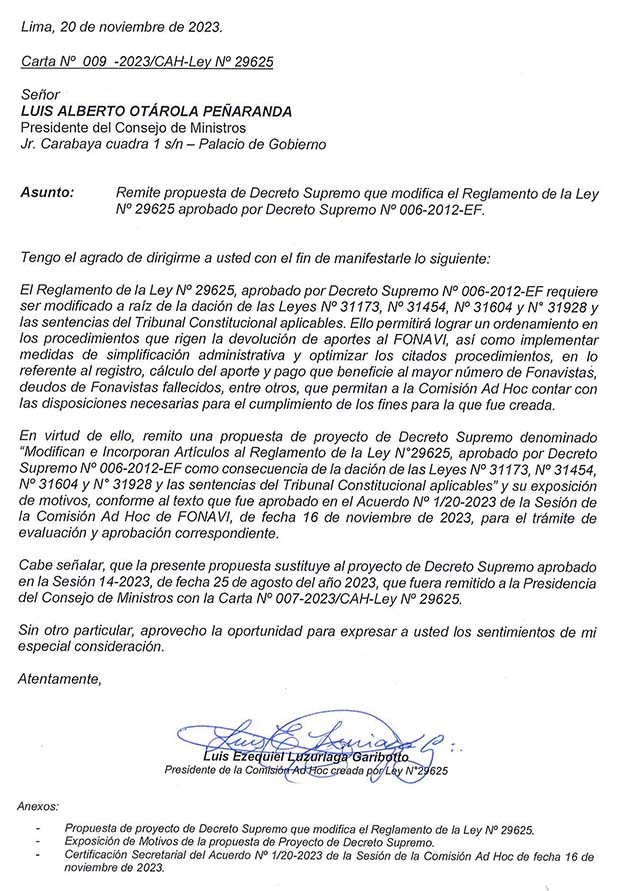 Remite reglamento de la Ley 31173, 31454, 31604 y 31928Carta N° 009-2023-CAH-Ley N° 29625