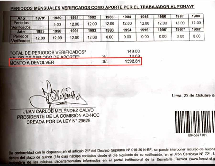 CERAD entregado en primera devolución hecha con cálculo de 10 soles