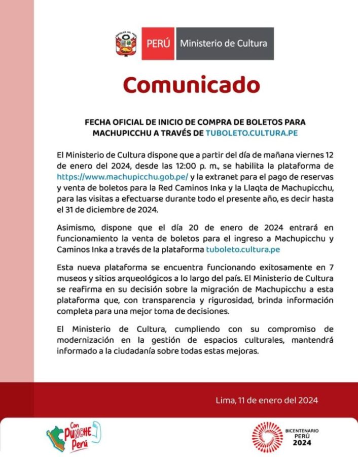 La gestión de esta plataforma estará a cargo de la empresa Joinnus. Este constituirá el primer paso, ya que a partir del 20 de enero de 2024, se pondrá en marcha la venta de boletos para ingresar a Machu Picchu y al Camino Inca a través de la plataforma www.tuboleto.cultura.pe.  Además, el Ministerio de Cultura afirmó que "Esta nueva plataforma ha tenido éxito en siete museos y sitios arqueológicos en todo el país. El sector Cultura reitera su decisión de migrar Machu Picchu a esta plataforma, que, con transparencia y rigurosidad, proporciona información completa para facilitar la toma de decisiones".