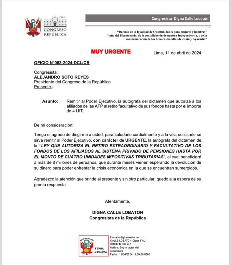 Oficio 063-2024-DCL-CR Séptimo retiro AFP