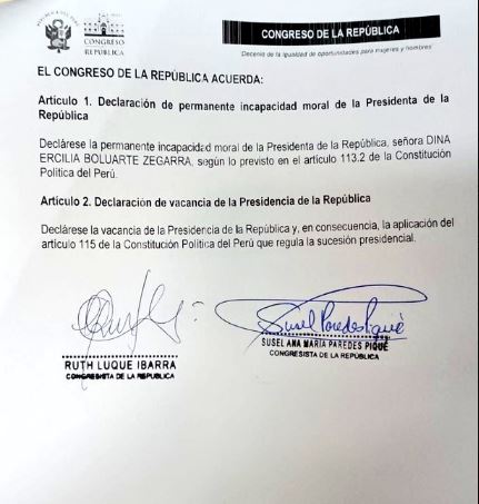 Presentan nueva vacancia contra Dina