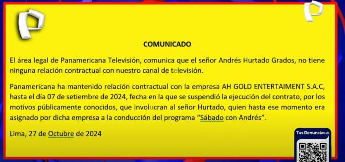 Panamericana TV se pronuncia sobre Andrés Hurtado