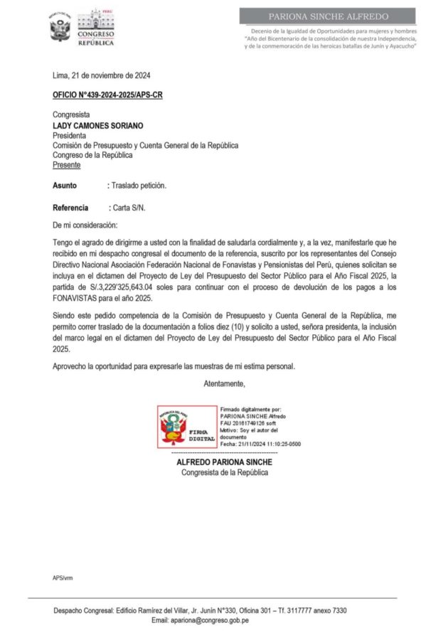 OFICIO Nº 439- Traslado a la comision de Presupuesto fonavistas[R]