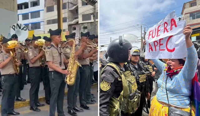 Banda de la PNP toca huaynos en protestas durante el Foro APEC 2024 en San Borja Banda de la PNP toca huaynos en protestas durante el Foro APEC 2024 en San Borja