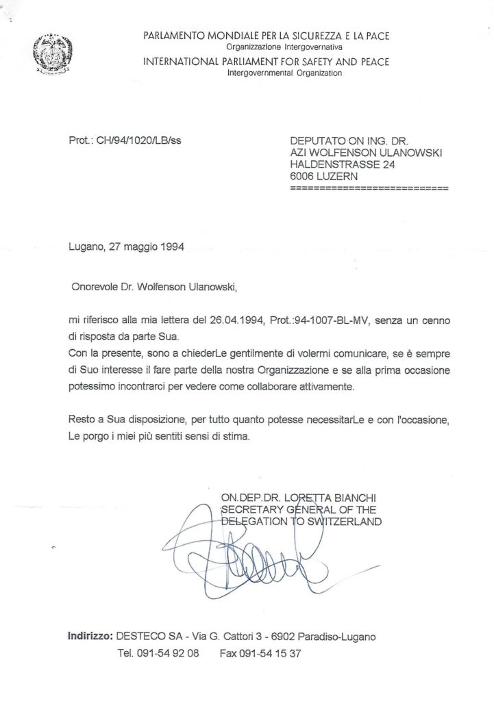 Colaborador activo por PArlamento Internacional para la seguridad y la Paz