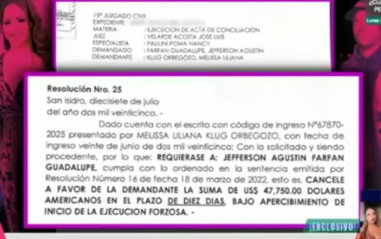 Documentos que corroboran el monto que el exfutbolista Jefferson Farfán deberá pagar a su expareja,