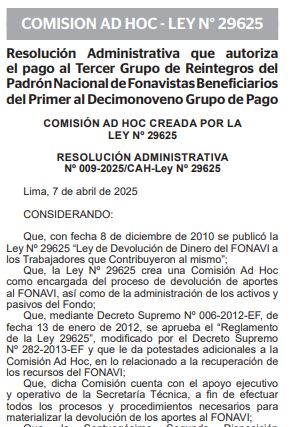 Resoluci{on Administrativa No 009-2025-CAH-Ley No 29625