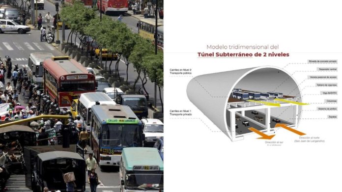 El túnel soterrado tendrá una longitud de 6.93 kilómetro, con un ancho de 32 metros y una altura de 23 metros, a una profundidad promedio de entre los 40 a 50 metros. Su extremo inicial estará en los linderos de la avenida Abancay con La Victoria, y su extremo opuesto en la avenida Perú, en SJL. Según su diseño, el túnel será de doble nivel, con dirección de ida y vuelta en cada piso. El transporte público recorrerá en el nivel superior y el transporte privado, en el inferior.