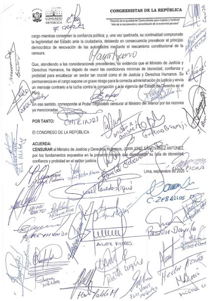moción de censura contra el ministro de Justicia y Derechos Humanos, Juan José Santiváñez