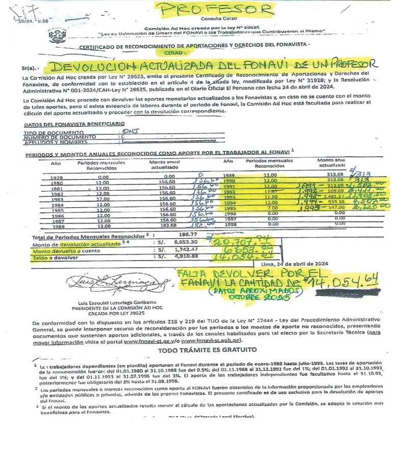 Comision Ad Hoc - Certificado de reconocimiento de aportaciones y derechos del fonavista