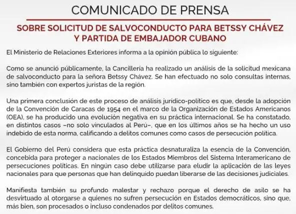 Comunicado de prensa - Salvoconducto para Betssy Chávez
