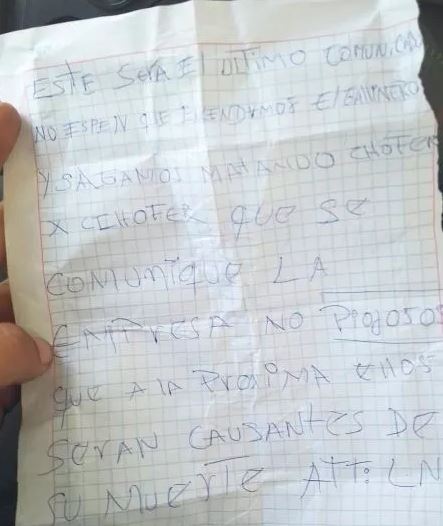 delincuentes dejaron una carta extorsiva en el patio de maniobras de la empresa Santa Catalina
