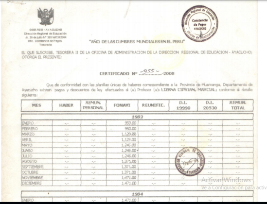 Certificado de Lizana Ciprian Marcial Descuentos Fonavi 1983-1984