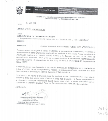 Cuenta individual oficio n&deg; 5124-2018-EFST.01 de la precuenta individual a nombre de Siesquen vda de Chambergo Santos