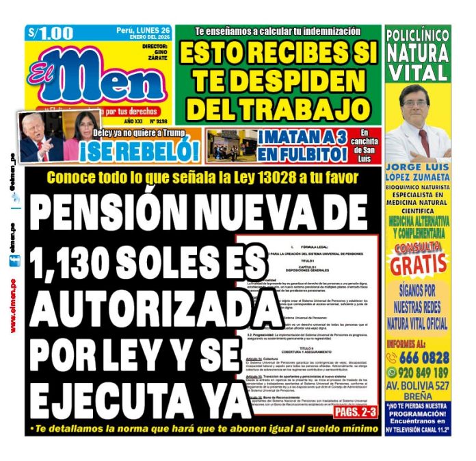 Portada Diario El Men (26/1/2026) Portada Diario El Men (26/1/2026)
