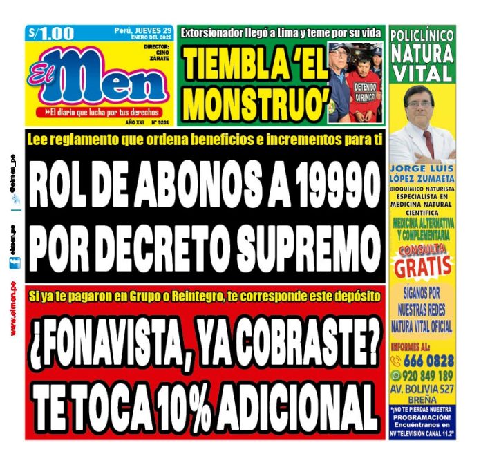 Portada Diario El Men (29/1/2026) Portada Diario El Men (29/1/2026)