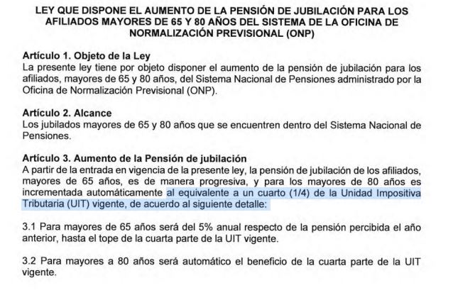 Ley que dispone el aumento de la pension de jubilacion