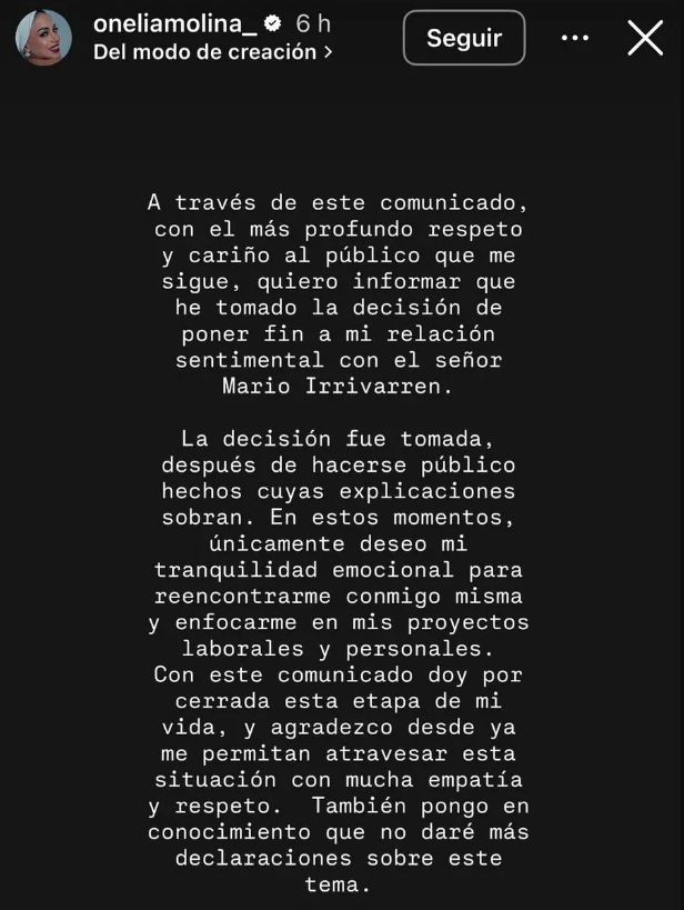 Onelia Molina anunció el fin de su relación con Mario Irivarren
